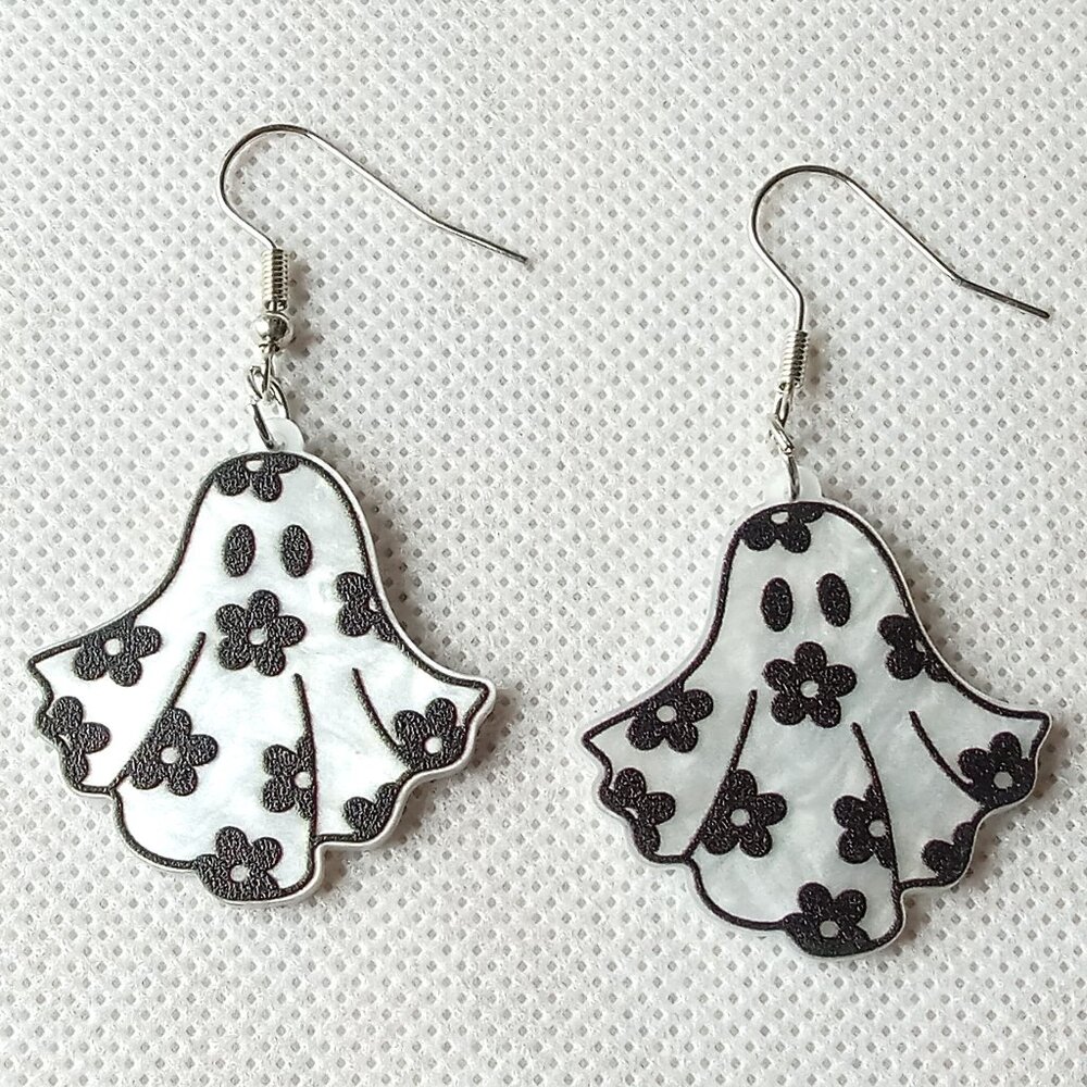 Trending Ghost with Flowers Earrings, Cute Spooky Earrings, White & Black Ghosts